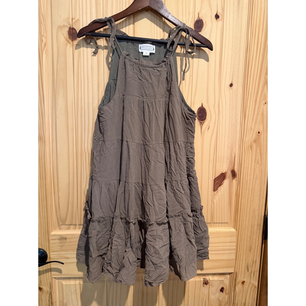 Loveriche Tiered Mini Dress Olive Brown Linen Blend Tie Shoulder LD43688 M